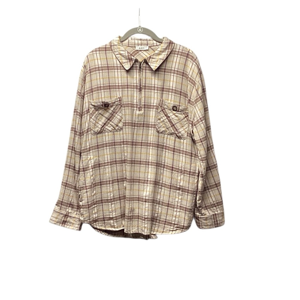 Kori America Cabincore Tan plaid flannel pullover. Size Large